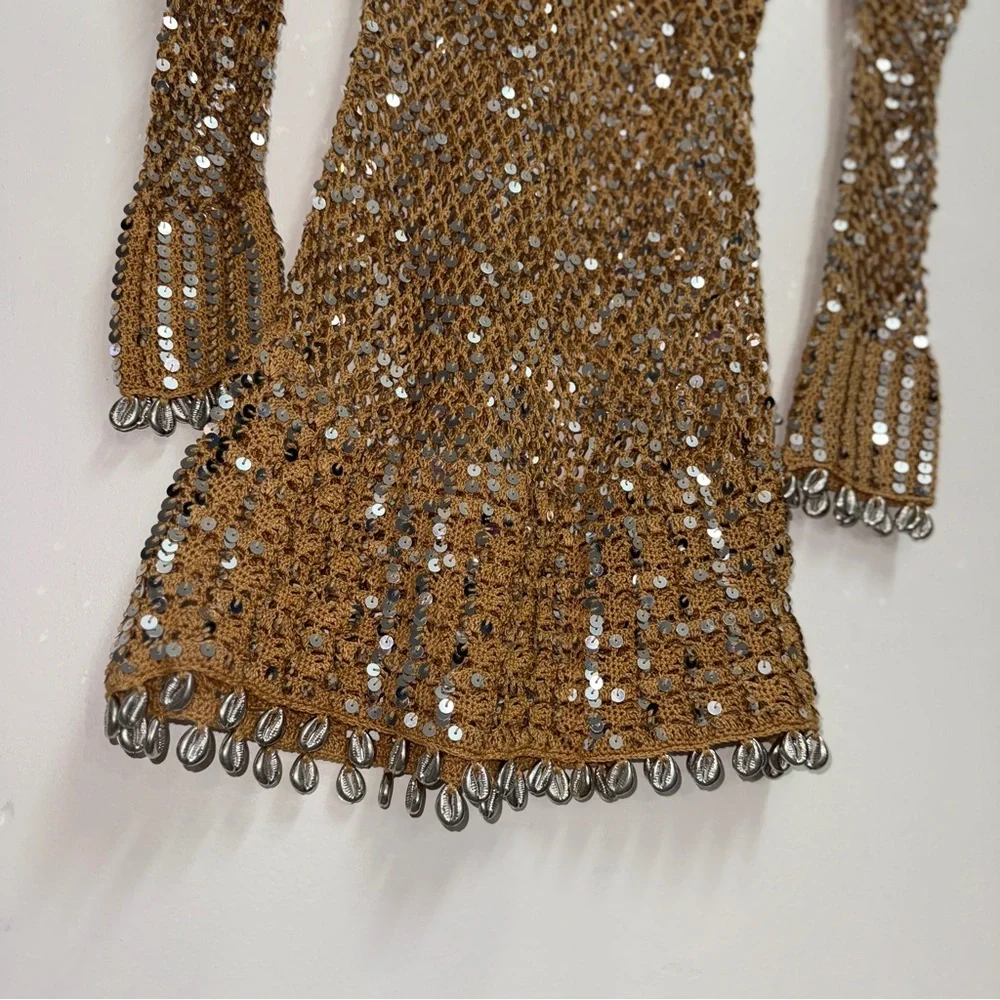 Retrofête Sequin Crochet Shell Embellished Dress Crochet Beach Dress bikinicover - Picture 4 of 9